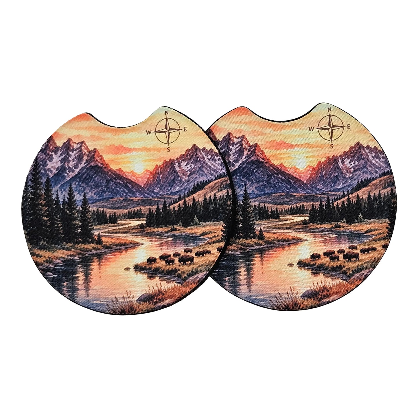 Mountain River & Bison 2 Pack Neoprene Car Coaster Set