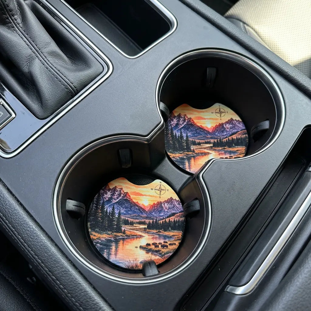 Mountain River & Bison 2 Pack Neoprene Car Coaster Set
