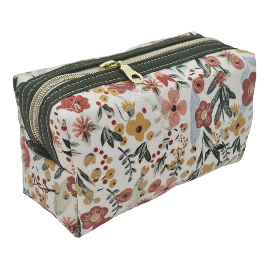 Burnt Red Floral Sage Green Accented Quilted Pattern Mini Zipper Box Pouch