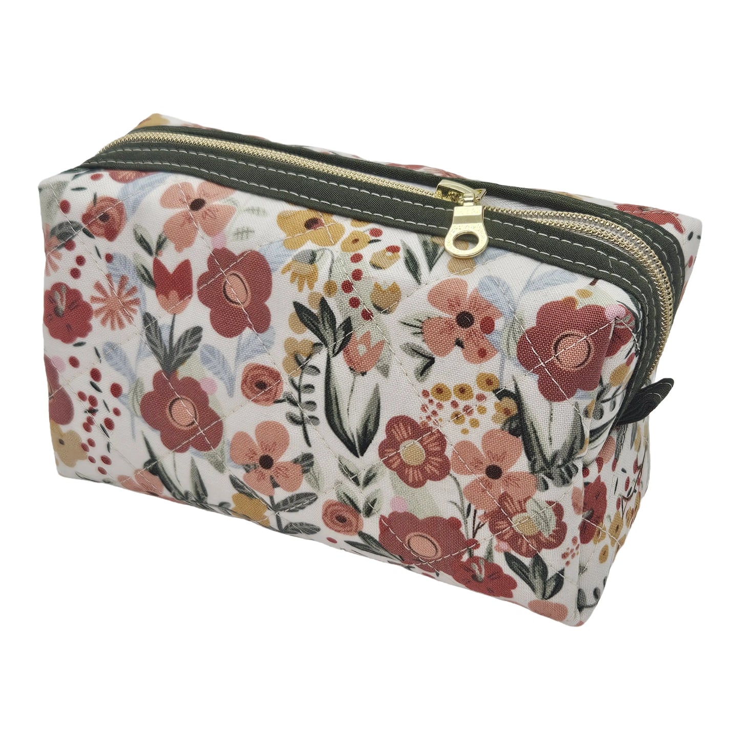 Burnt Red Floral Sage Green Accented Quilted Pattern Mini Zipper Box Pouch