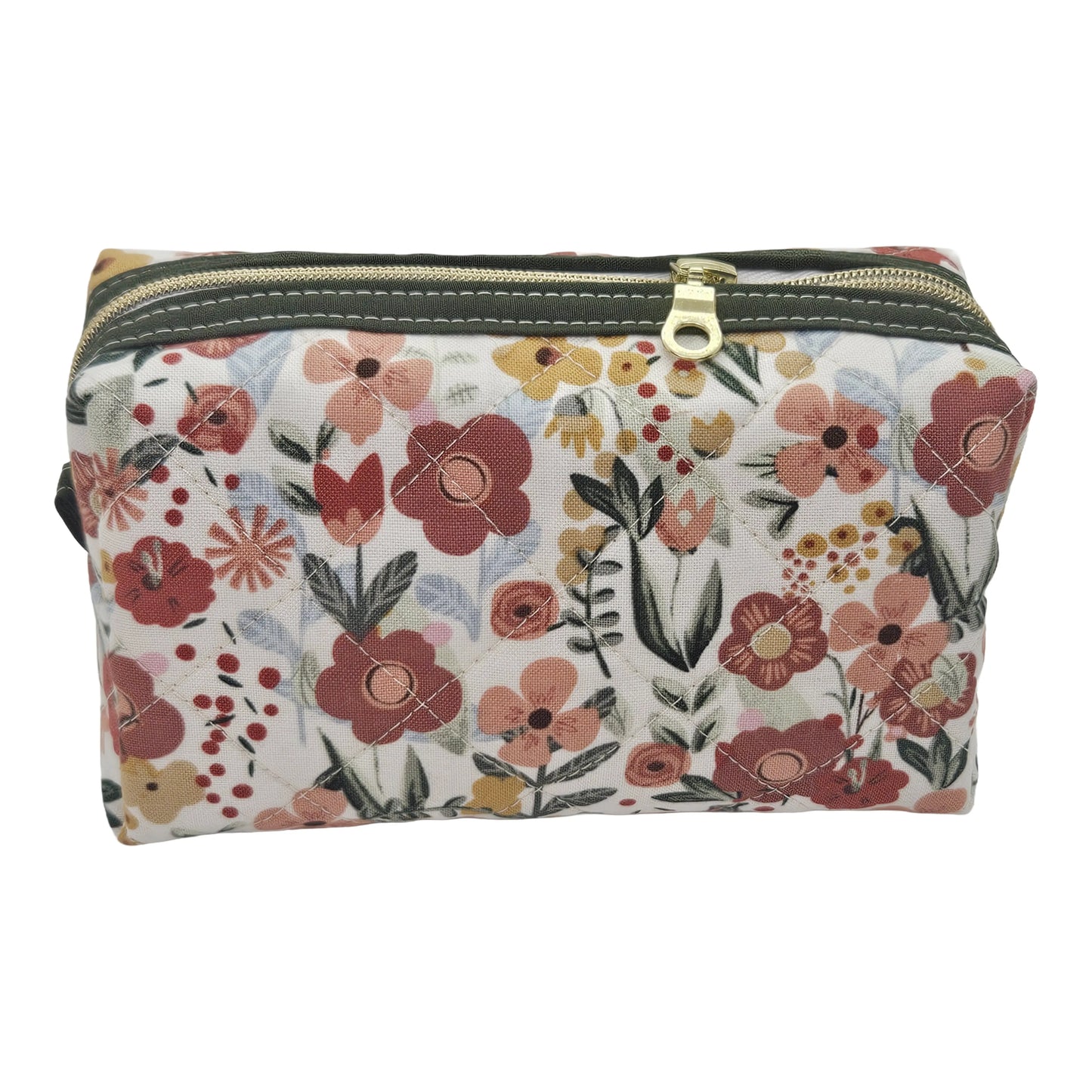Burnt Red Floral Sage Green Accented Quilted Pattern Mini Zipper Box Pouch