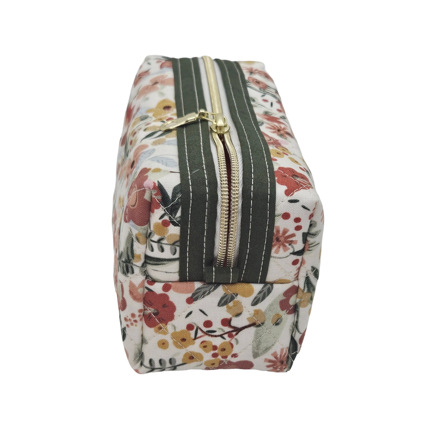 Burnt Red Floral Sage Green Accented Quilted Pattern Mini Zipper Box Pouch