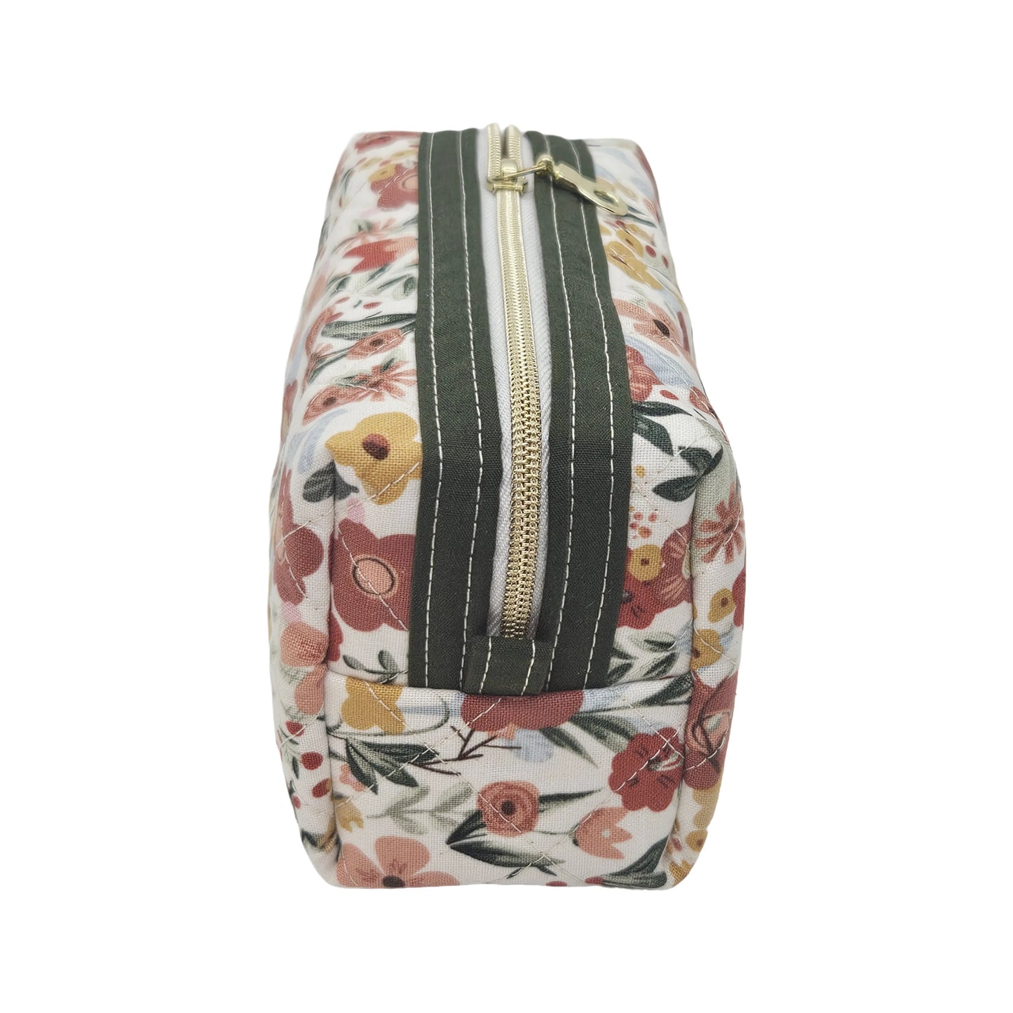 Burnt Red Floral Sage Green Accented Quilted Pattern Mini Zipper Box Pouch