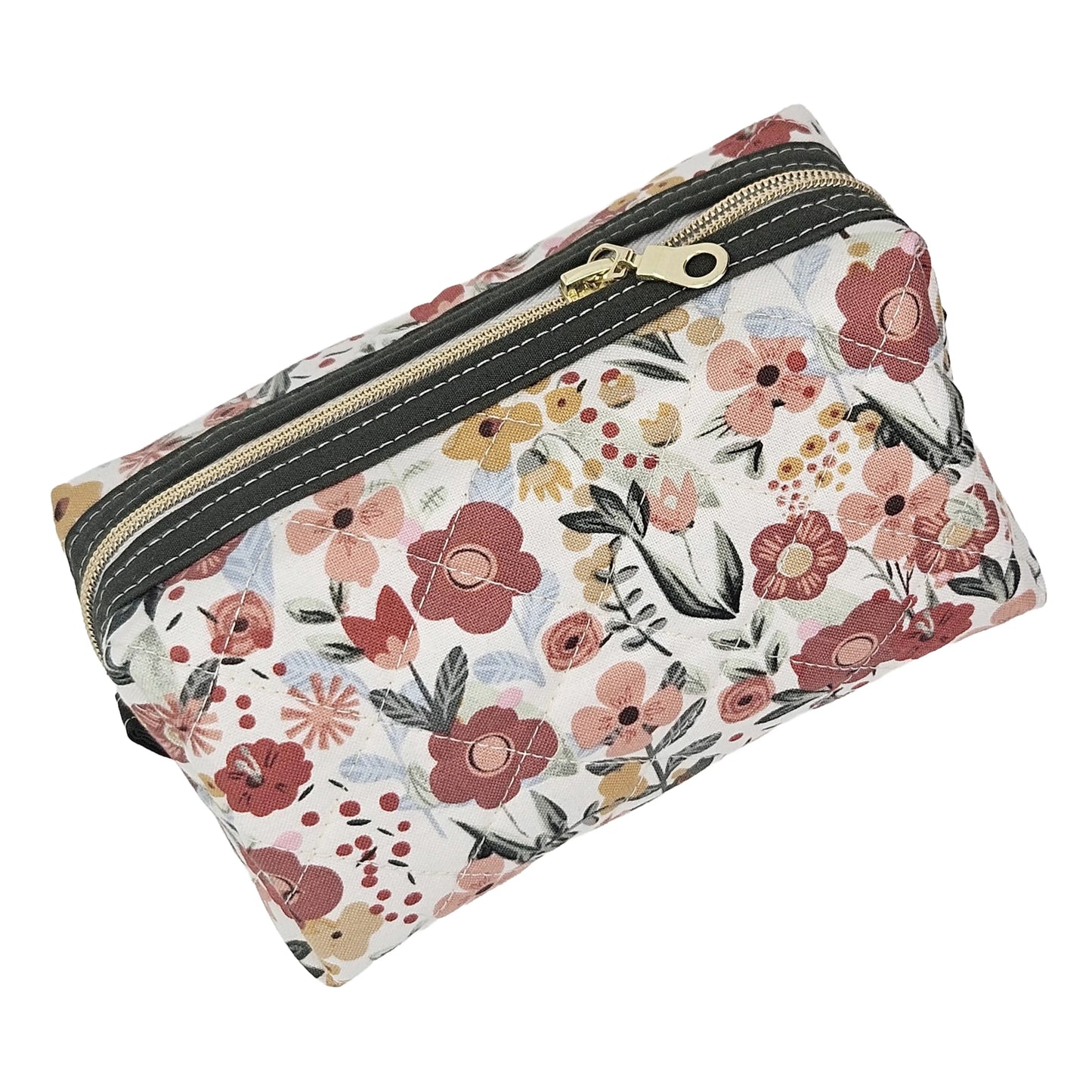 Burnt Red Floral Sage Green Accented Quilted Pattern Mini Zipper Box Pouch