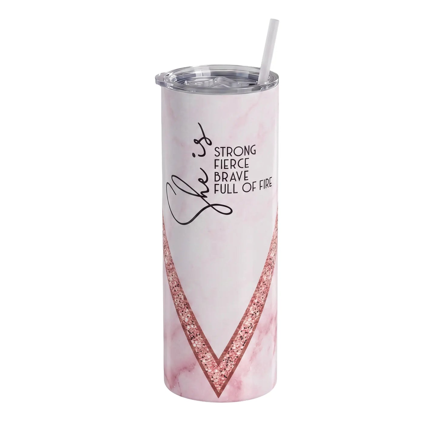 She Is Strong Pink Marble Holographic 20oz Skinny Tumbler