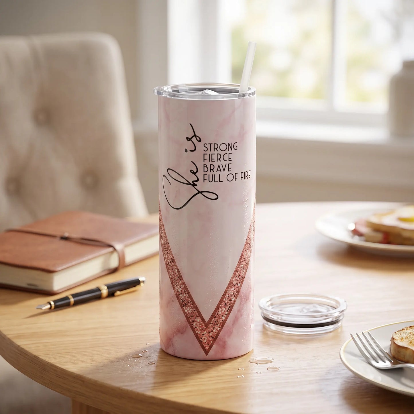 She Is Strong Pink Marble Holographic 20oz Skinny Tumbler