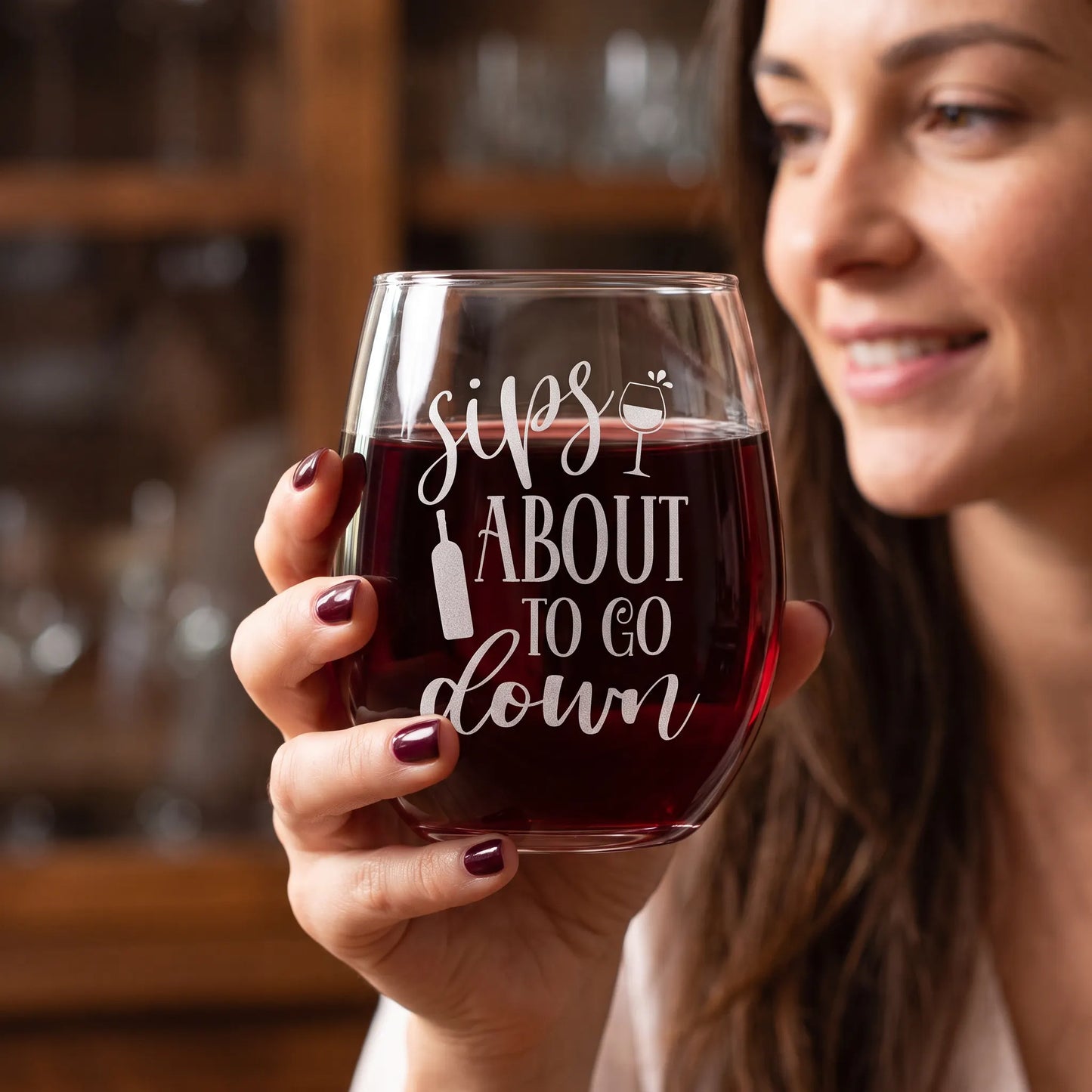 Sips About To Go Down Etched 15oz Stemless Wine Glass