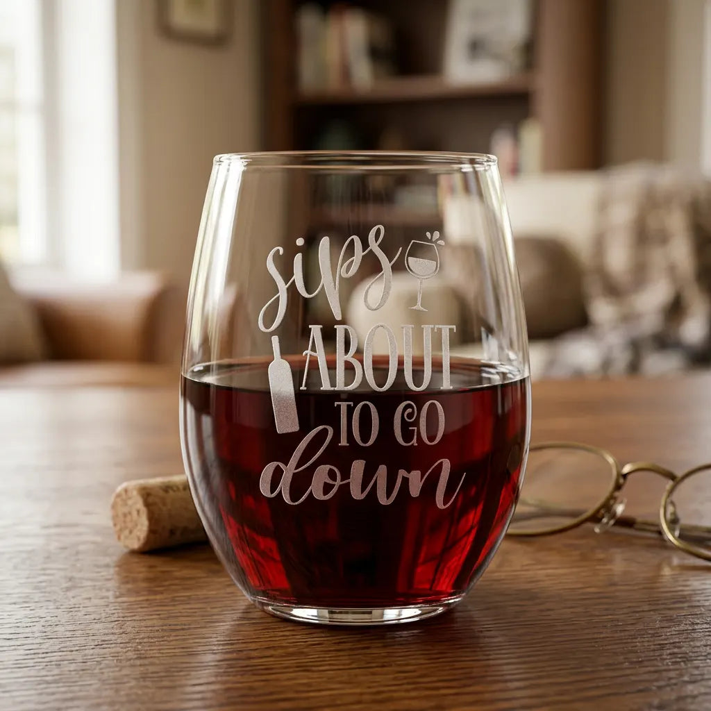 Sips About To Go Down Etched 15oz Stemless Wine Glass