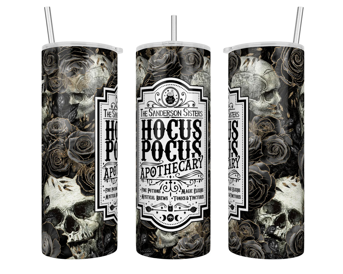 20 oz Skulls & Black Roses Apothecary Hocus Pocus Sublimation Tumbler - Imperfect