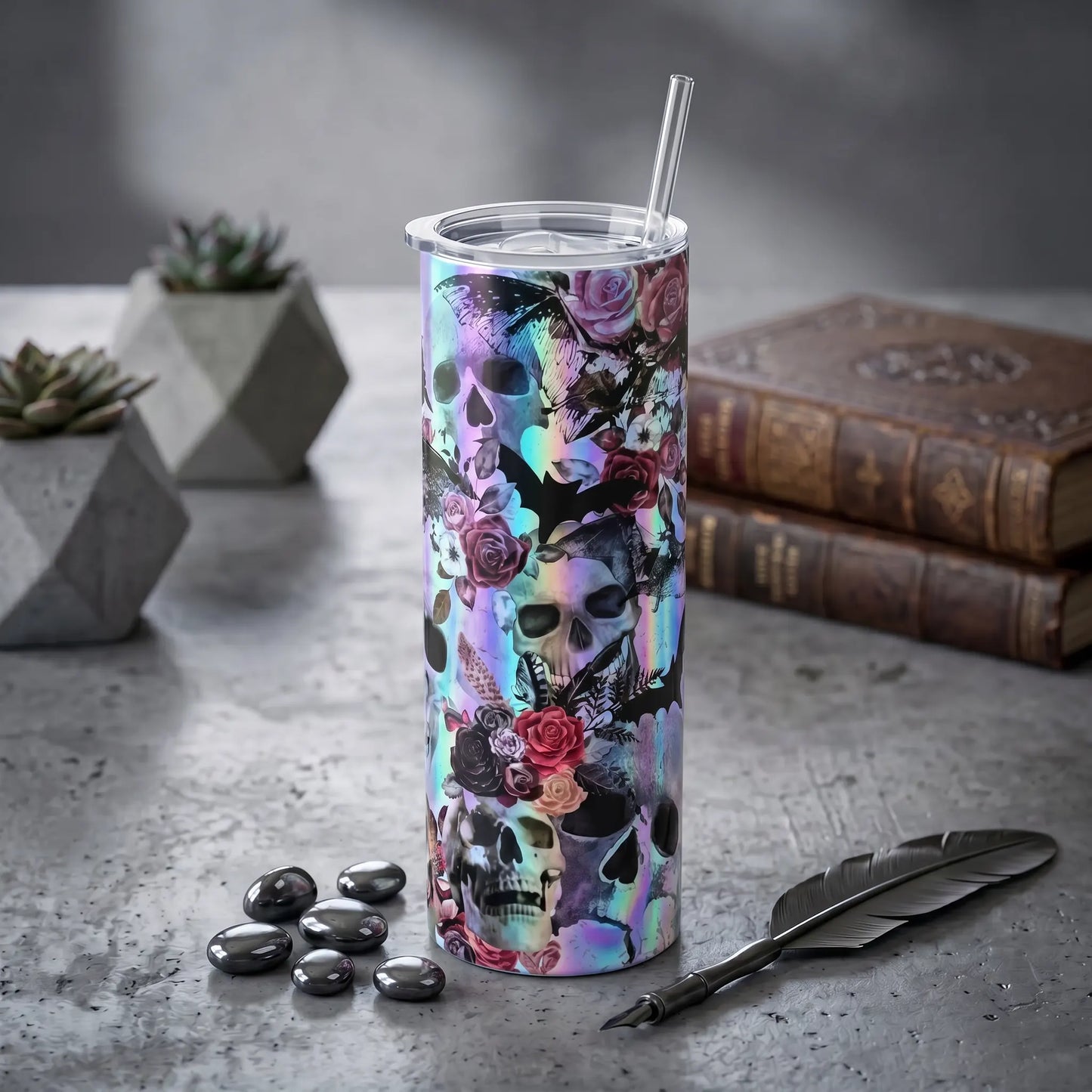 Gothic Skull & Floral Roses 20oz Skinny Tumbler