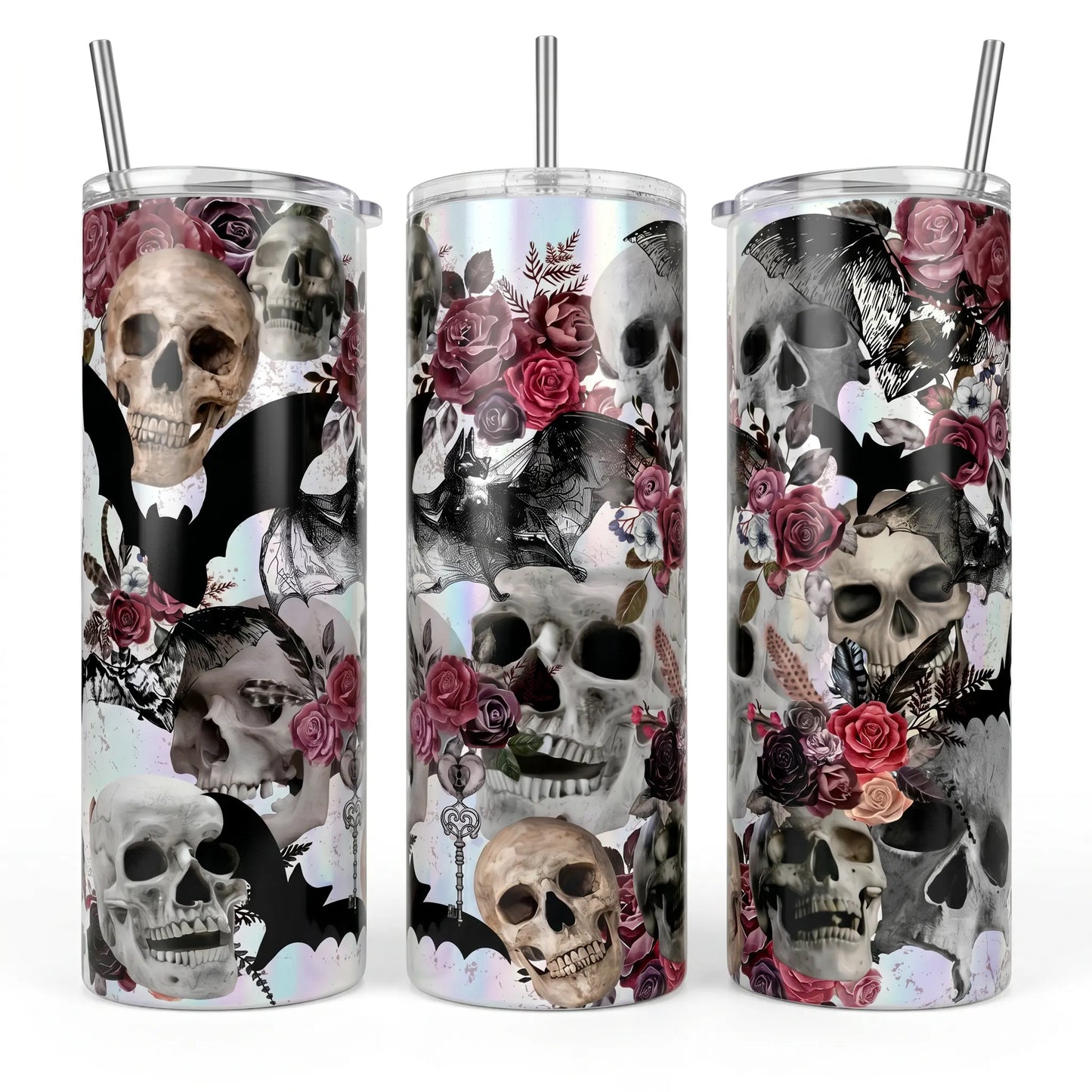Gothic Skull & Floral Roses 20oz Skinny Tumbler
