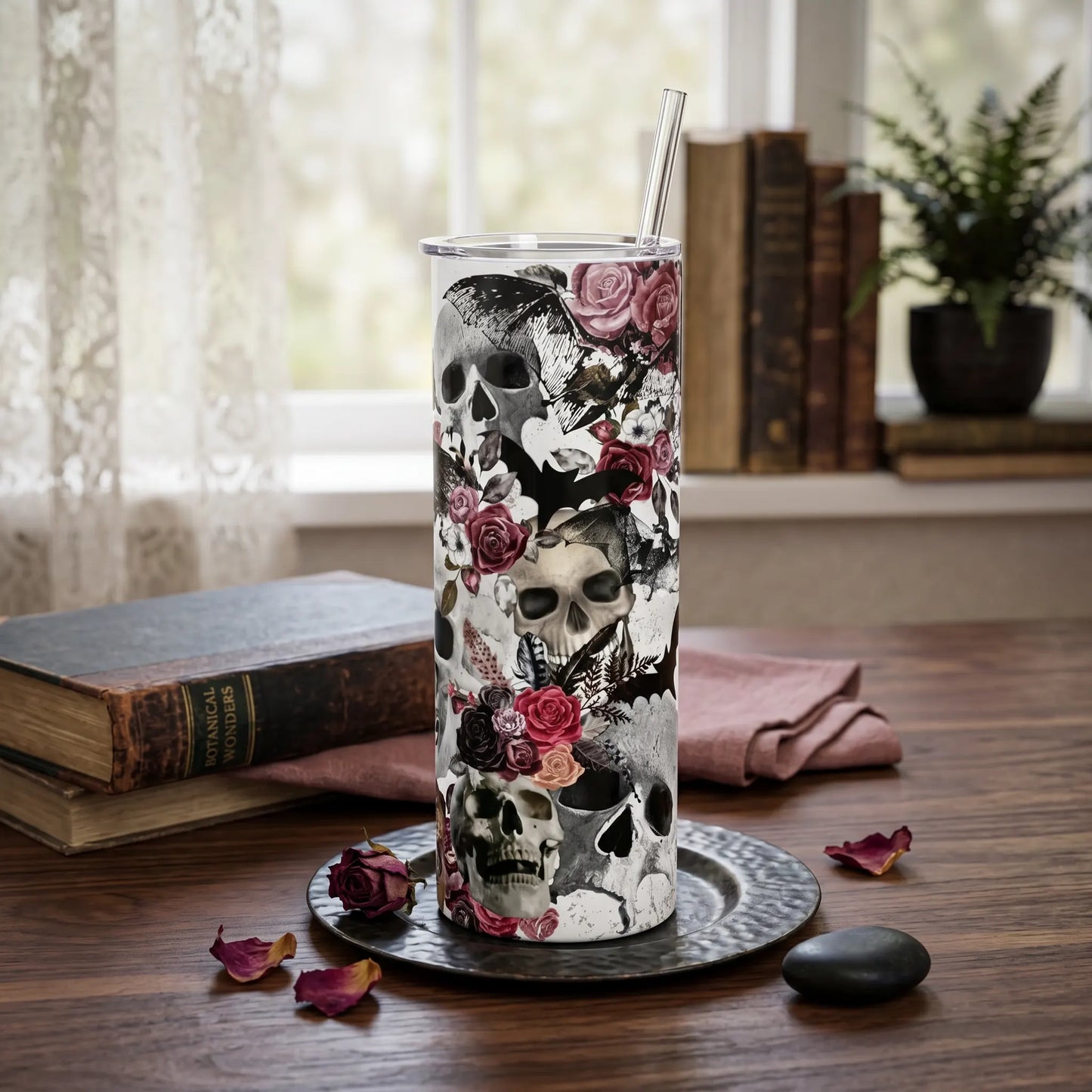 Gothic Skull & Floral Roses 20oz Skinny Tumbler