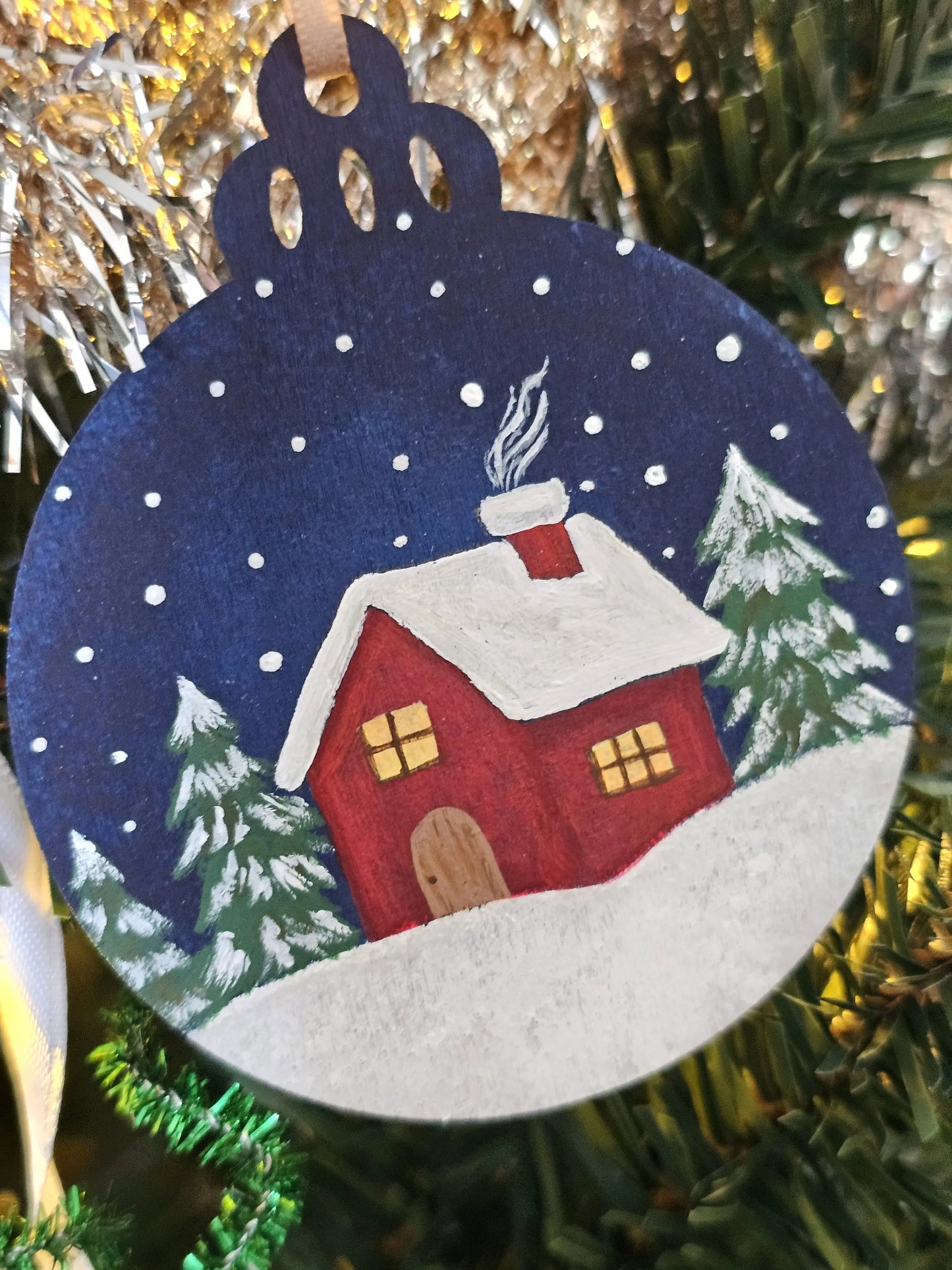 Old Fashioned Cabin Snowfall Handpainted Wooden Christmas Ornament
