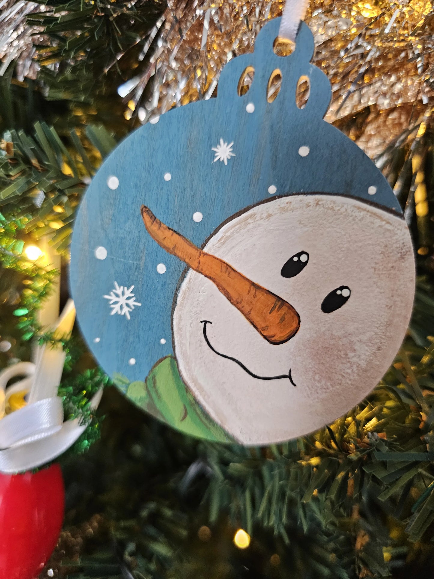 Two Piece Reindeer and Snowman Handpainted Wooden Christmas Ornament Set