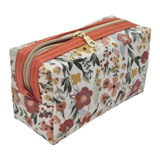 Sunburnt Orange Floral Accented Quilted Pattern Mini Zipper Box Pouch