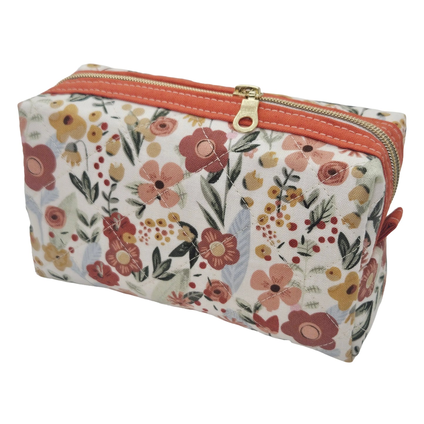 Sunburnt Orange Floral Accented Quilted Pattern Mini Zipper Box Pouch