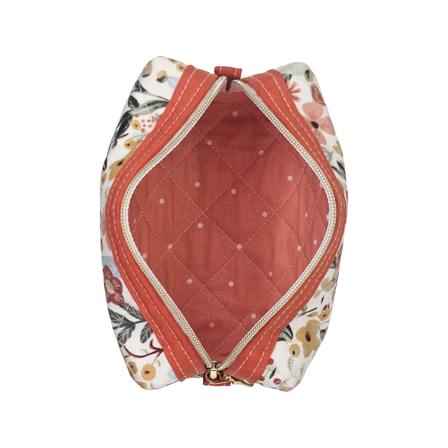 Sunburnt Orange Floral Accented Quilted Pattern Mini Zipper Box Pouch