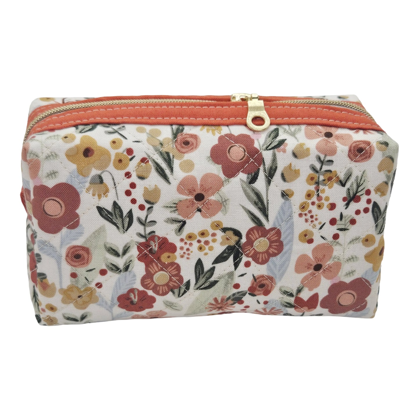 Sunburnt Orange Floral Accented Quilted Pattern Mini Zipper Box Pouch