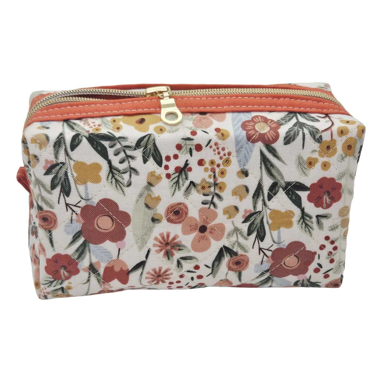 Sunburnt Orange Floral Accented Quilted Pattern Mini Zipper Box Pouch