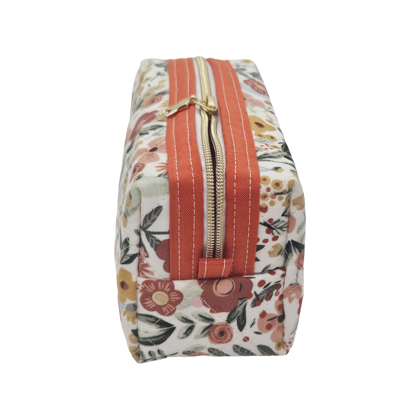 Sunburnt Orange Floral Accented Quilted Pattern Mini Zipper Box Pouch