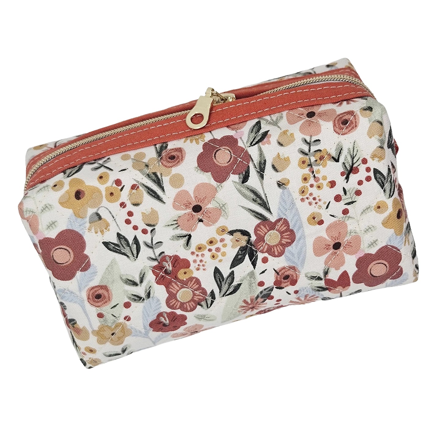 Sunburnt Orange Floral Accented Quilted Pattern Mini Zipper Box Pouch