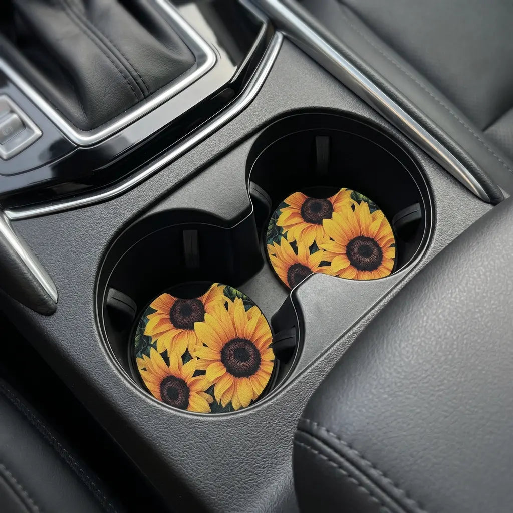 Vibrant Sunflower 2 Pack Neoprene Car Coaster Set