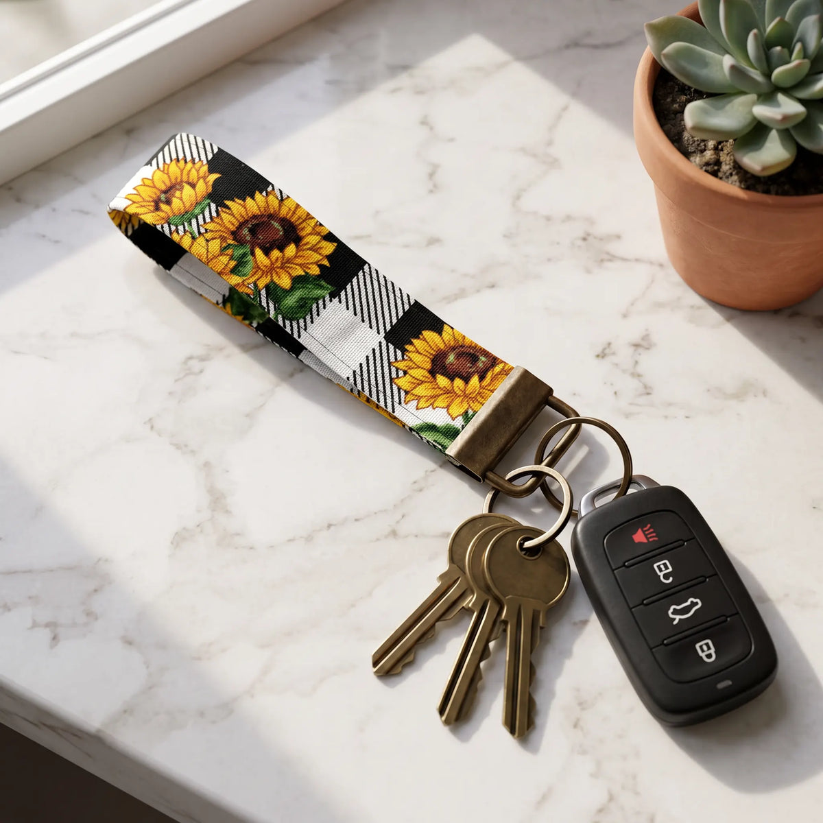 Sunflower Buffalo Plaid Keychain Wristlet