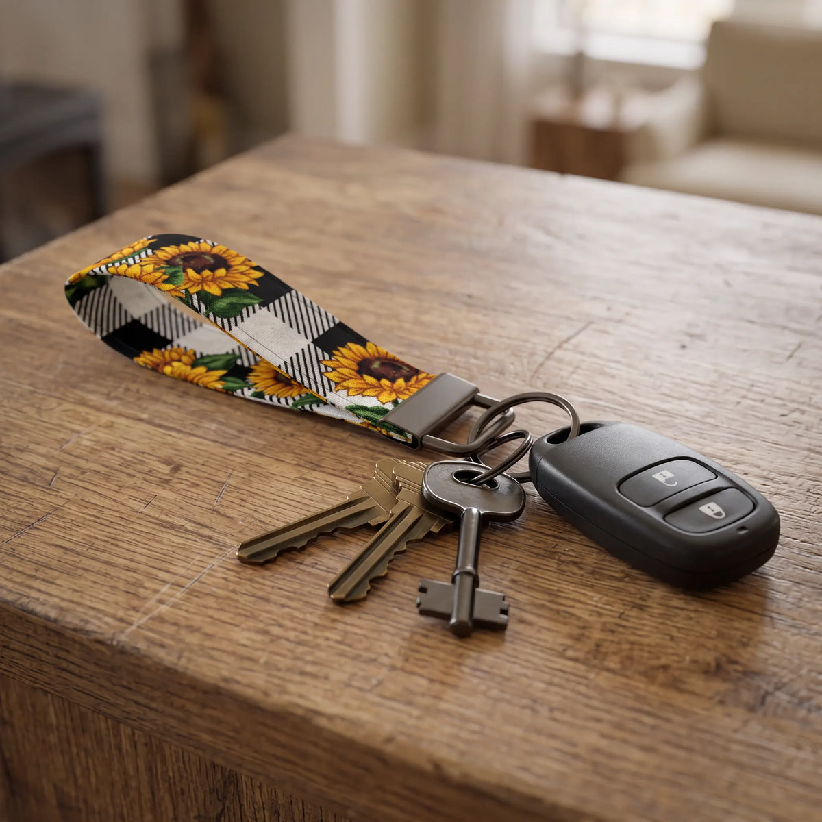 Sunflower Buffalo Plaid Keychain Wristlet