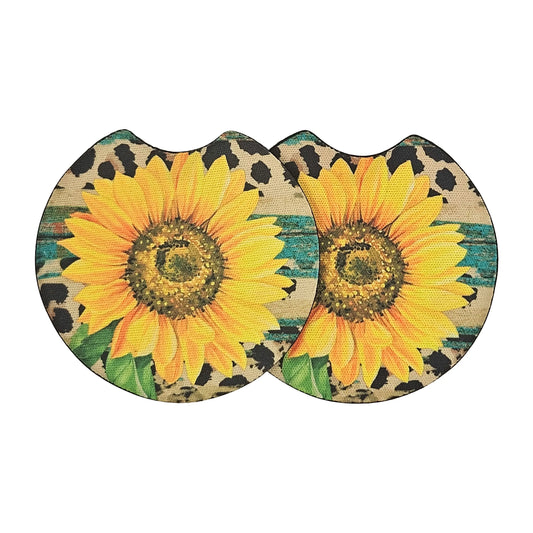Sunflower Leopard Print 2 Pack Neoprene Car Coaster Set