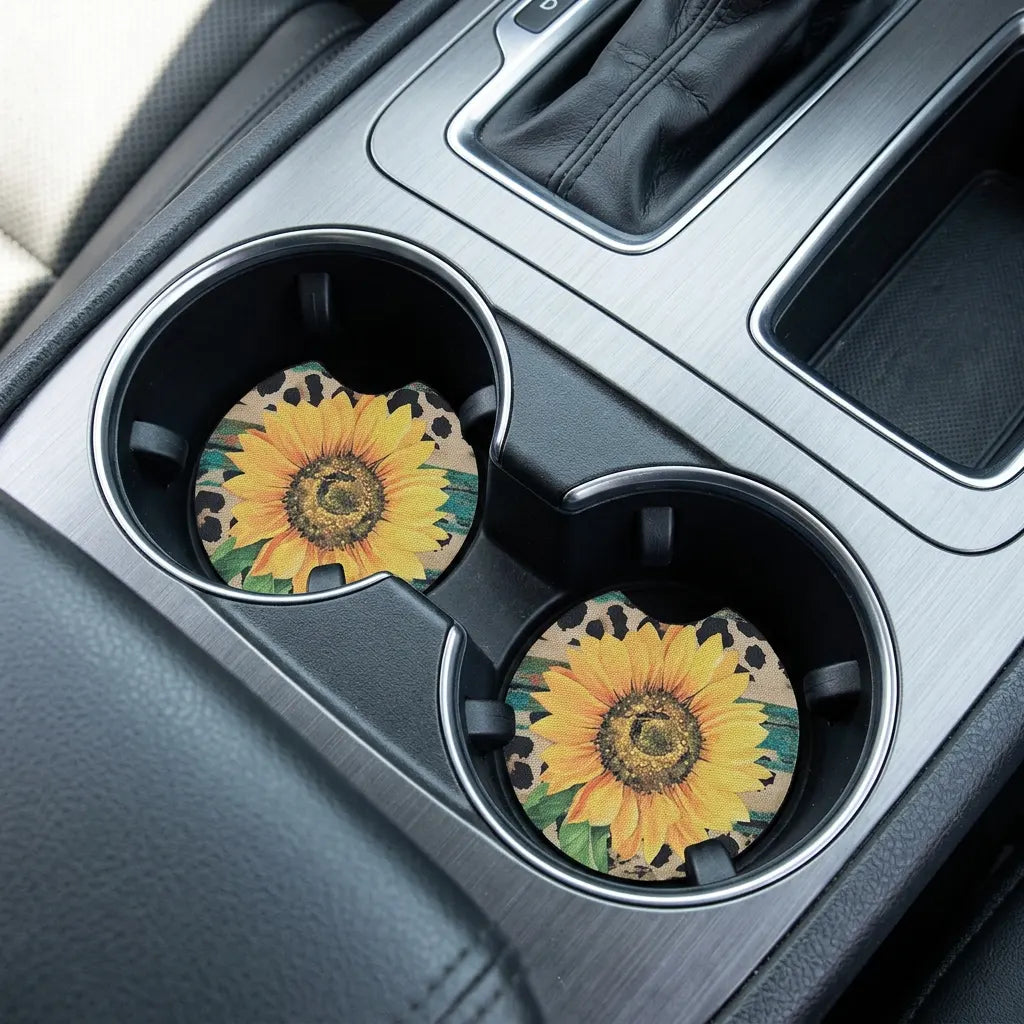 Sunflower Leopard Print 2 Pack Neoprene Car Coaster Set