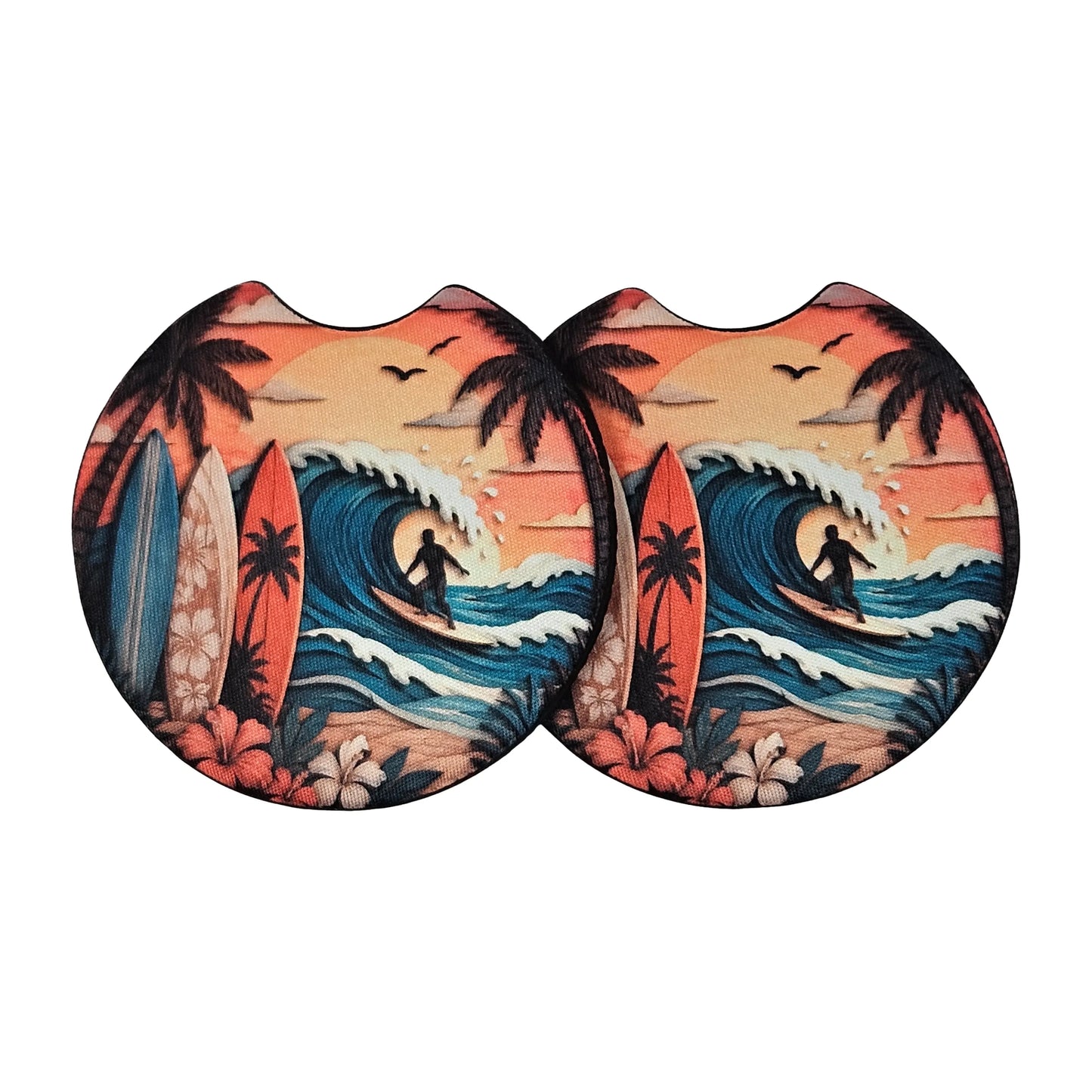 Surfboards & Palm Trees 2-Pack Neoprene Car Coaster Set