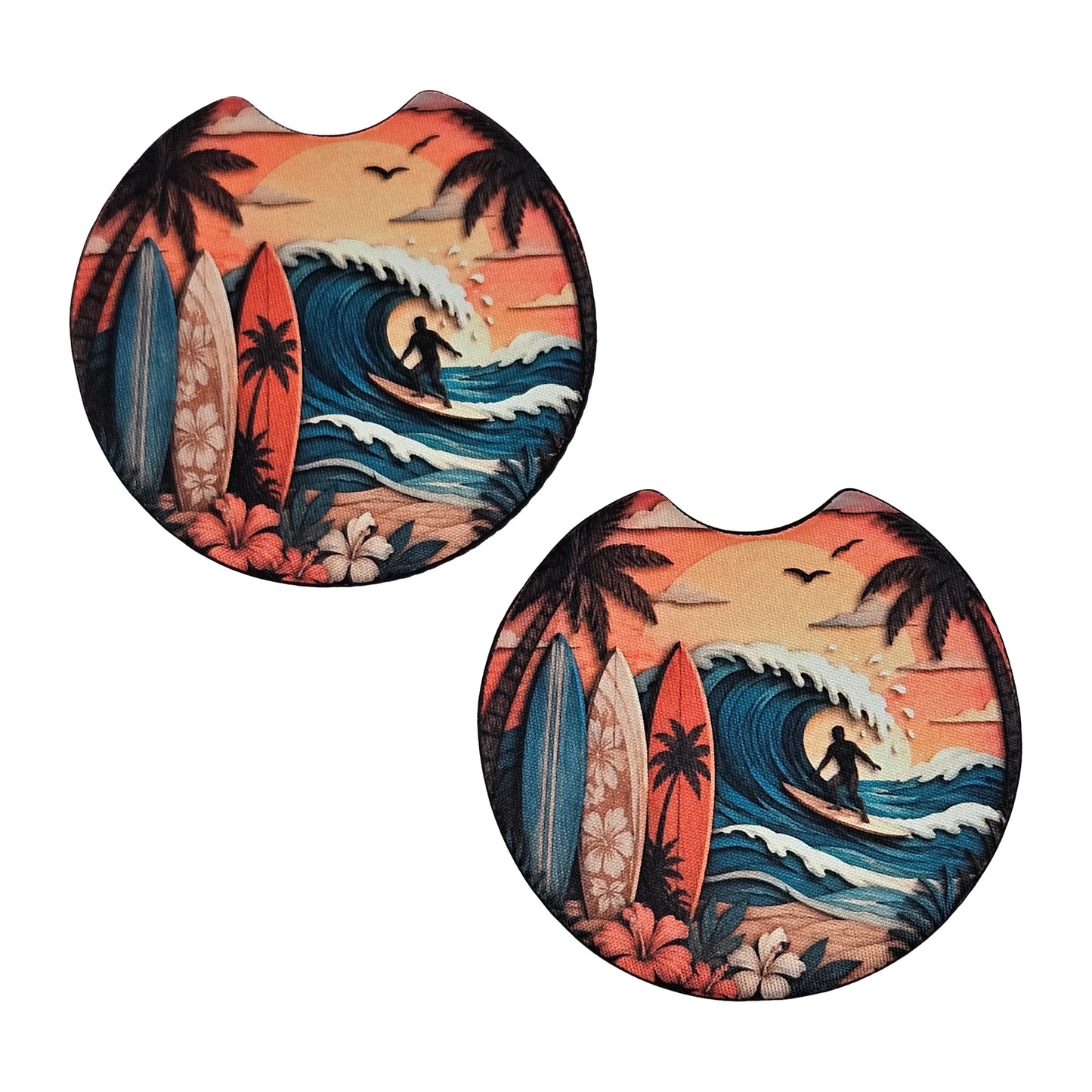 Surfboards & Palm Trees 2-Pack Neoprene Car Coaster Set