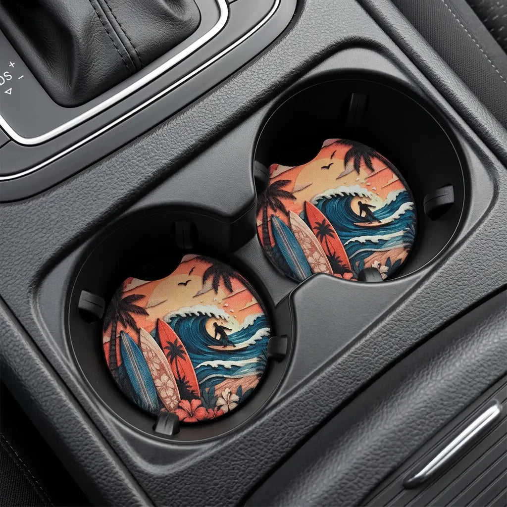 Surfboards & Palm Trees 2-Pack Neoprene Car Coaster Set