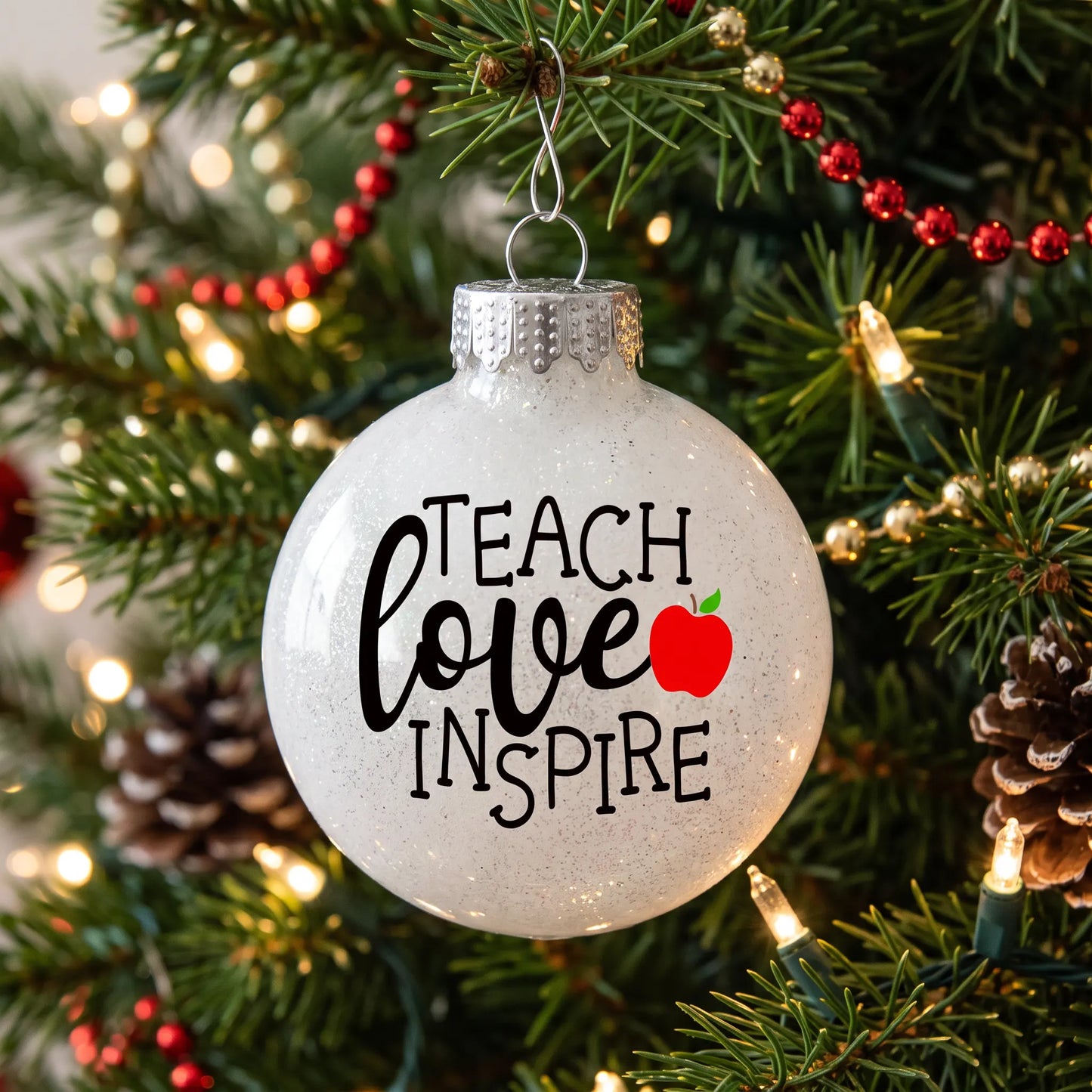 Handcrafted Teach Love Inspire Apple White Glitter Teacher Ornament
