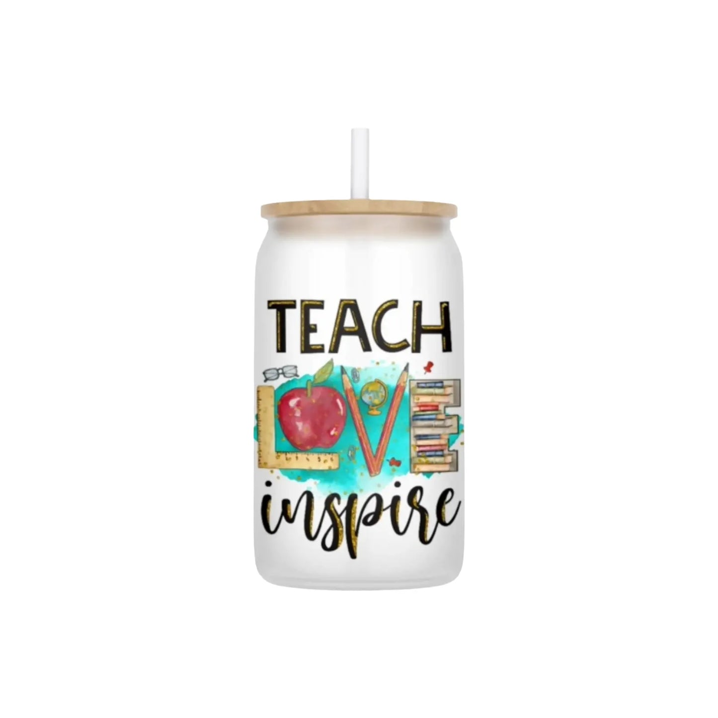 Teach Love Inspire 16oz Frosted Glass Can Set
