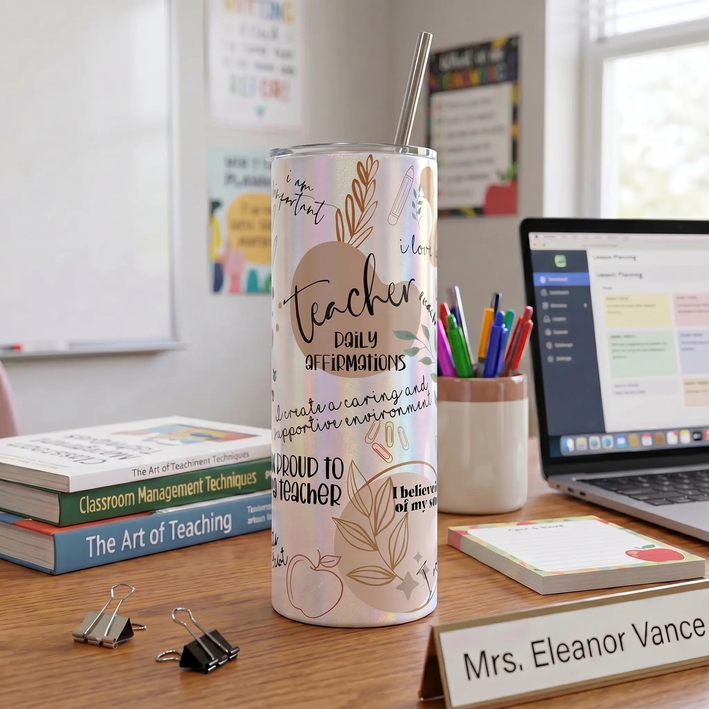 Teacher Daily Affirmations Holographic 20oz Skinny Tumbler