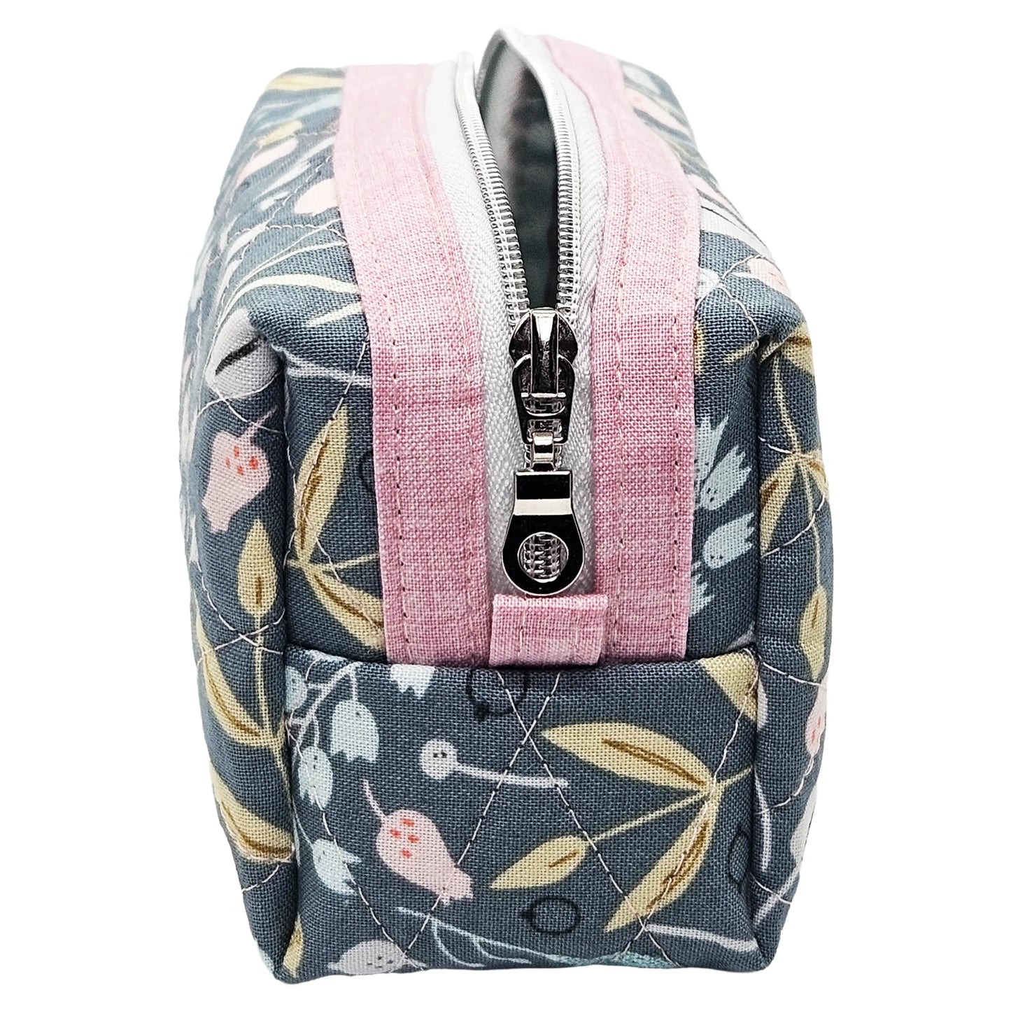 Teal Floral Pink Accented Quilted Pattern Mini Zipper Box Pouch