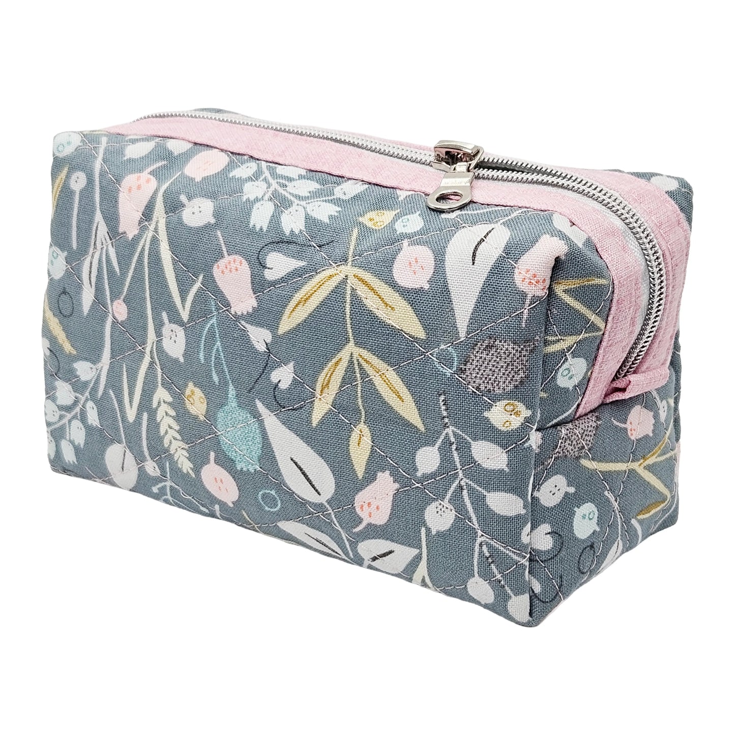 Teal Floral Pink Accented Quilted Pattern Mini Zipper Box Pouch