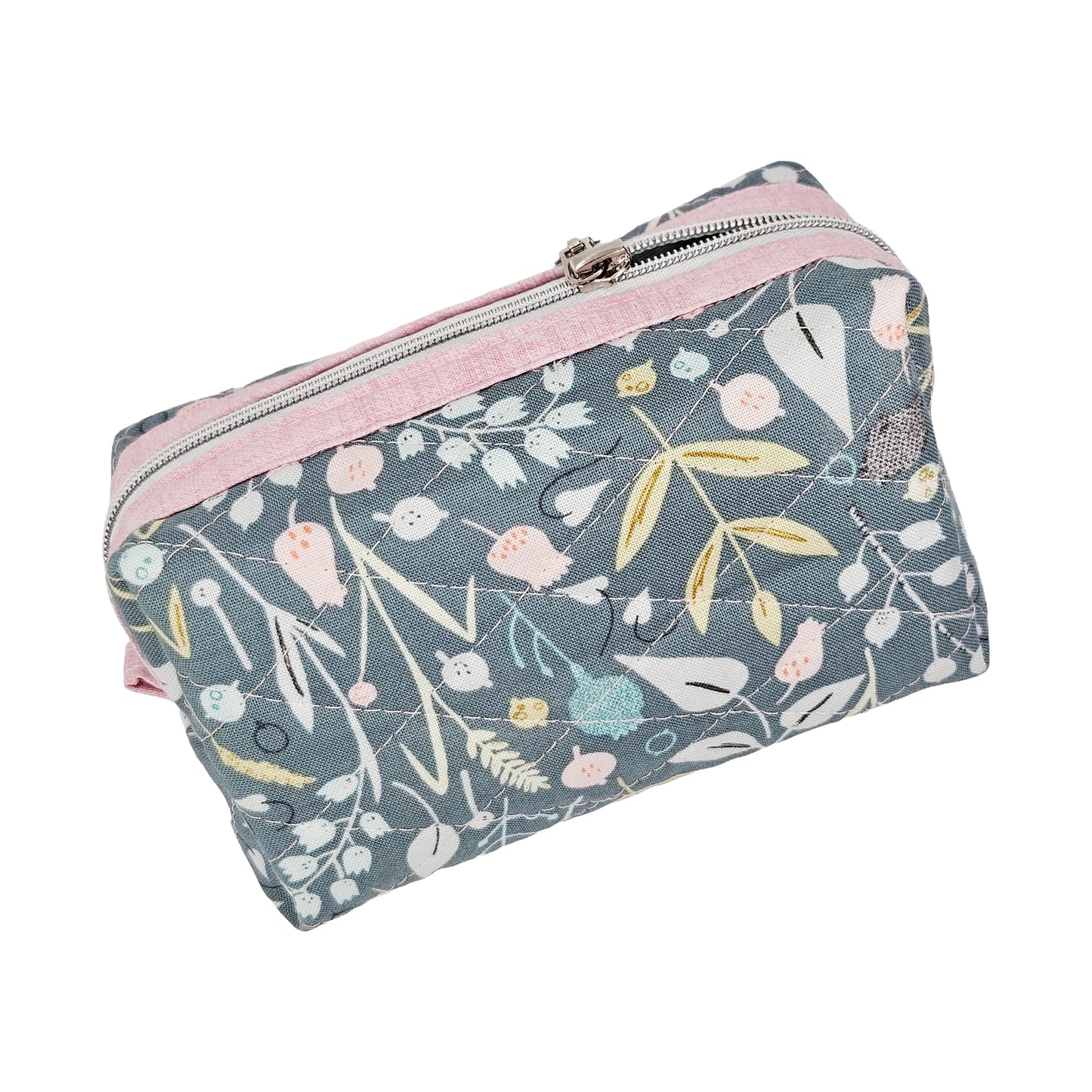Teal Floral Pink Accented Quilted Pattern Mini Zipper Box Pouch