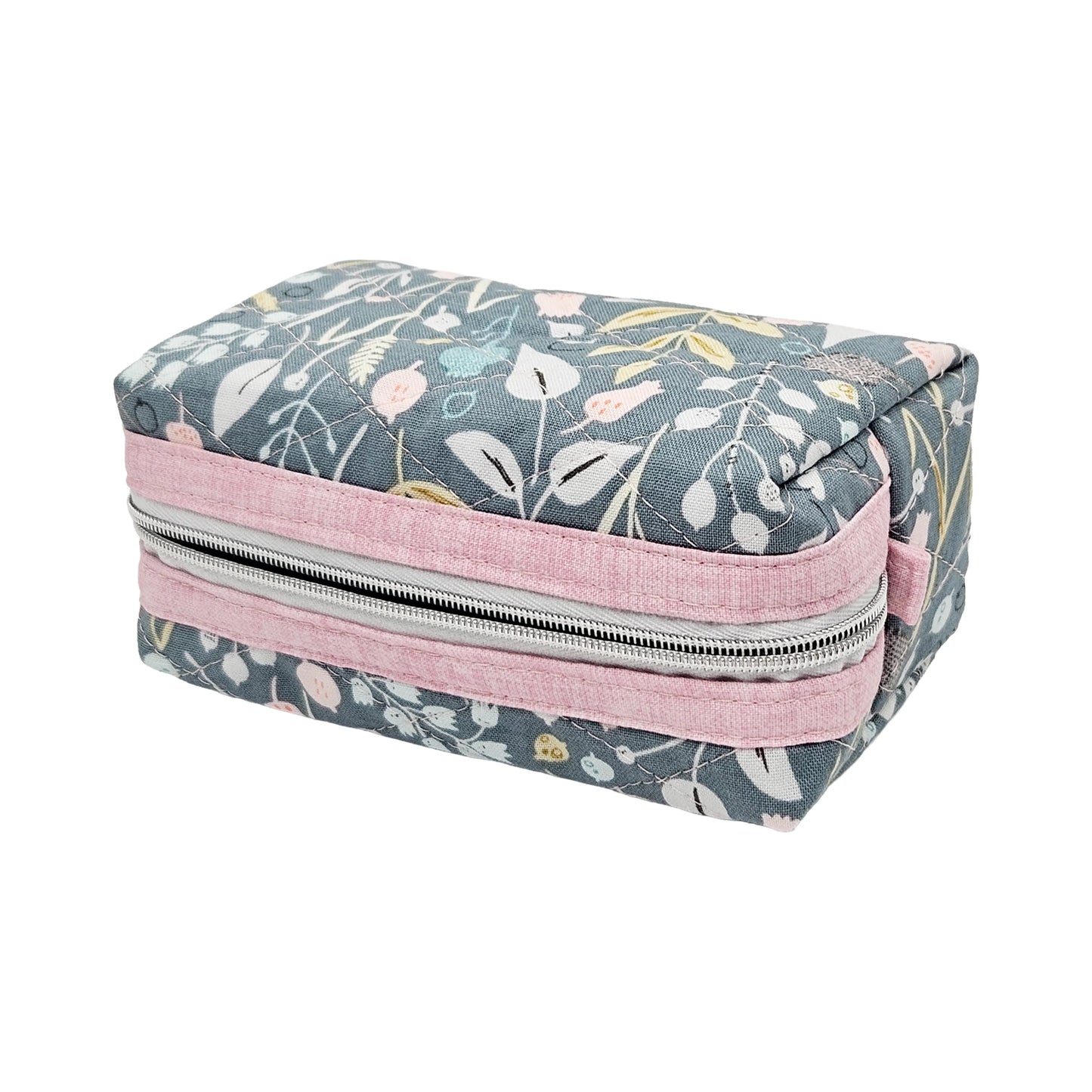 Teal Floral Pink Accented Quilted Pattern Mini Zipper Box Pouch