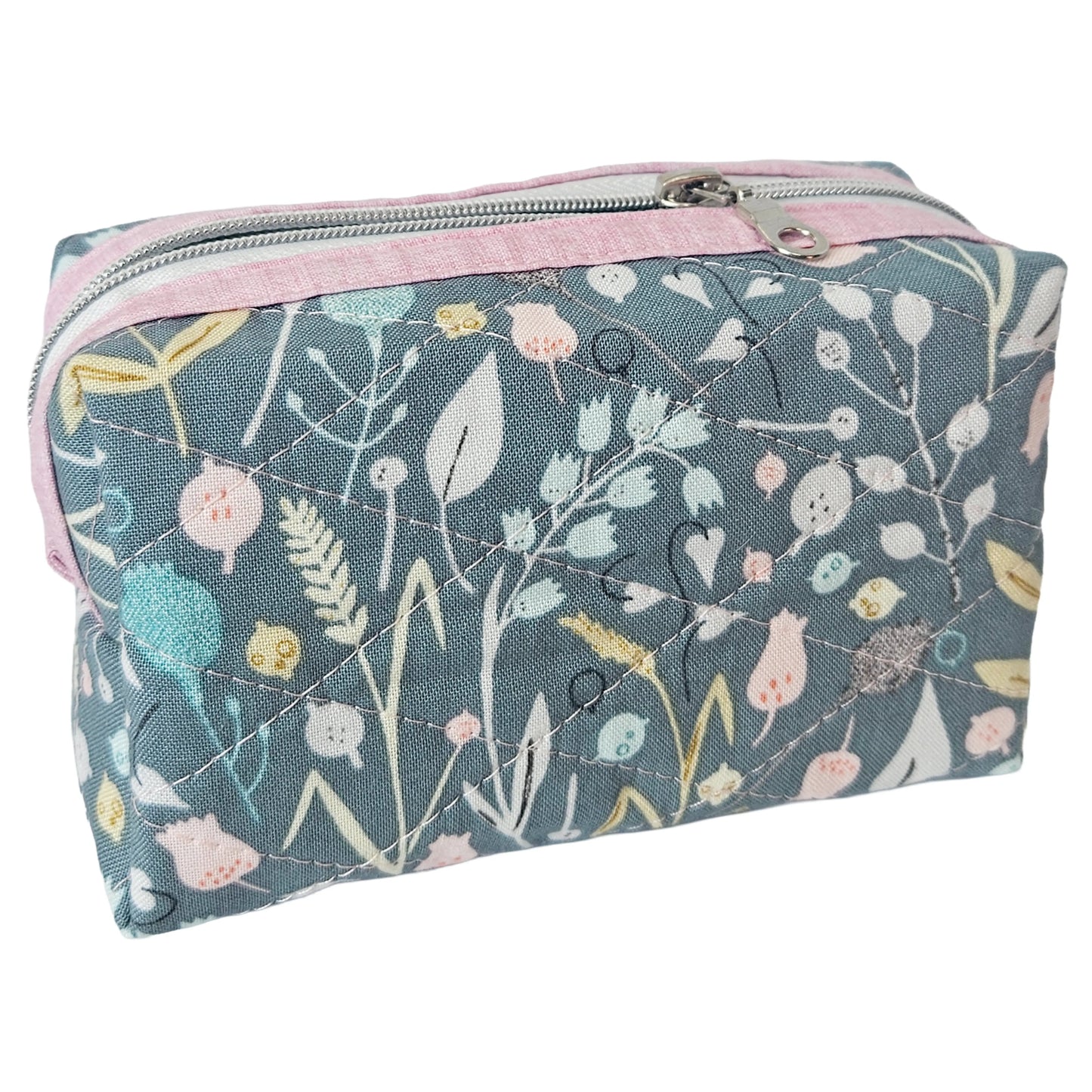 Teal Floral Pink Accented Quilted Pattern Mini Zipper Box Pouch