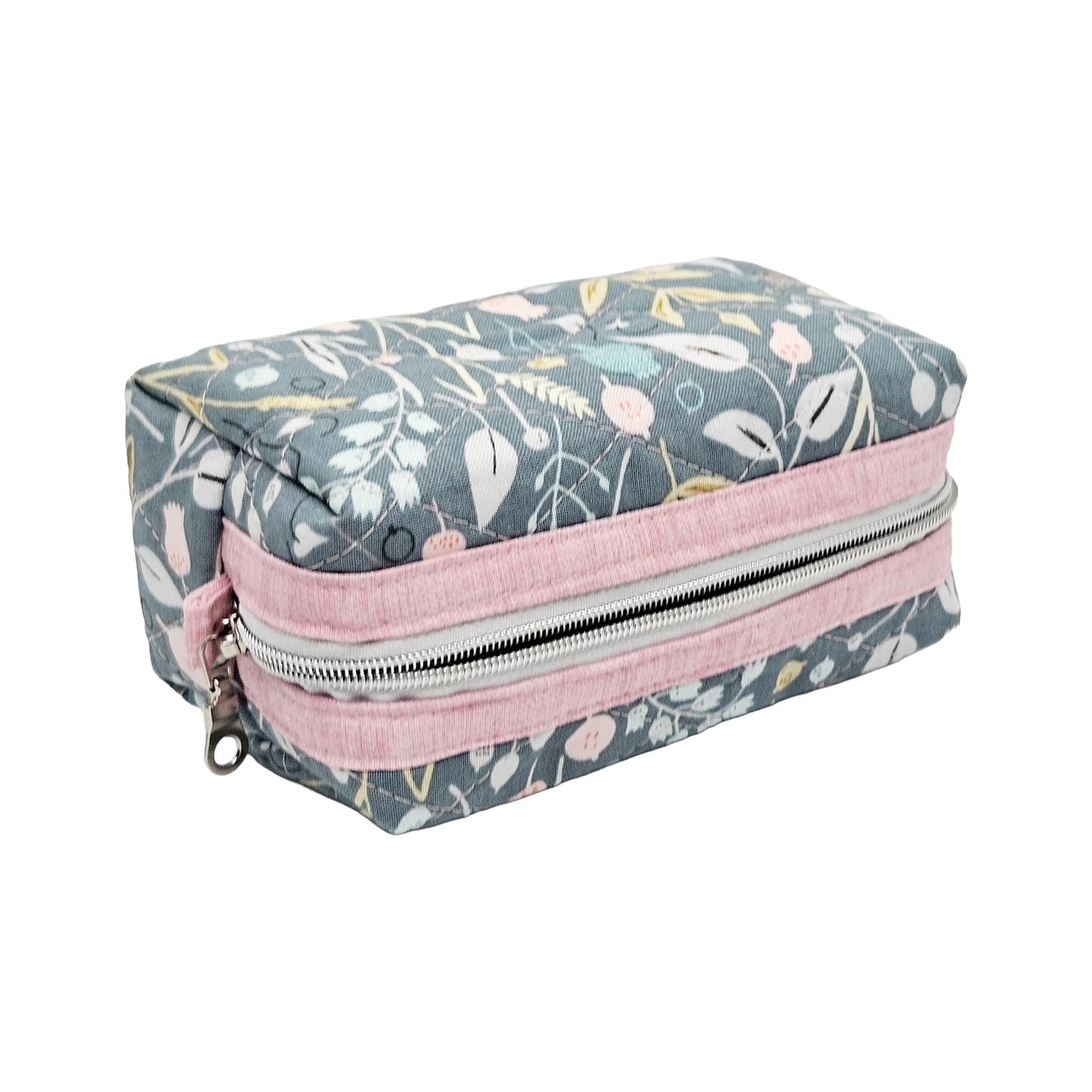 Teal Floral Pink Accented Quilted Pattern Mini Zipper Box Pouch