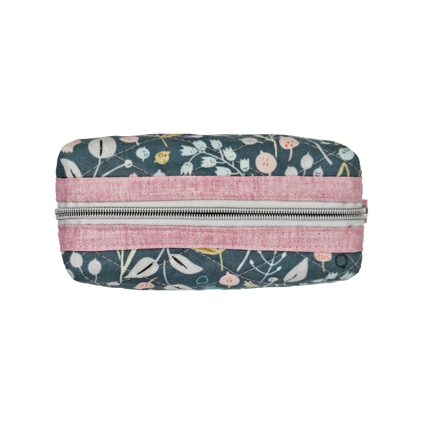 Teal Floral Pink Accented Quilted Pattern Mini Zipper Box Pouch