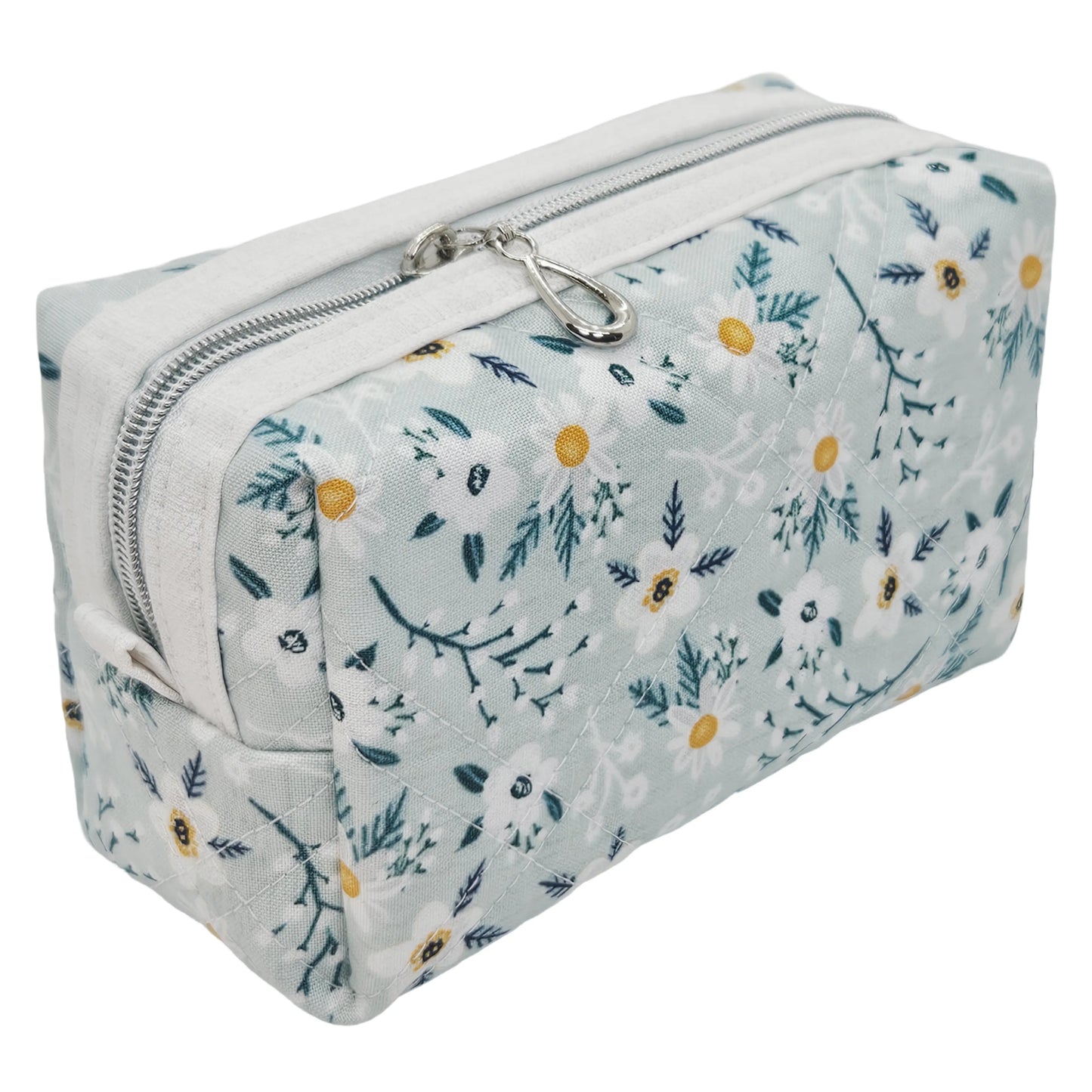 Light Teal Calico Floral Accented Quilted Pattern Mini Zipper Box Pouch