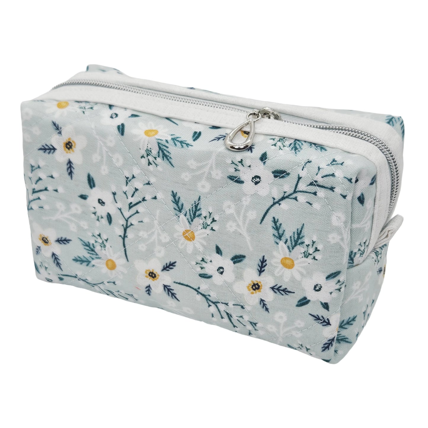 Light Teal Calico Floral Accented Quilted Pattern Mini Zipper Box Pouch