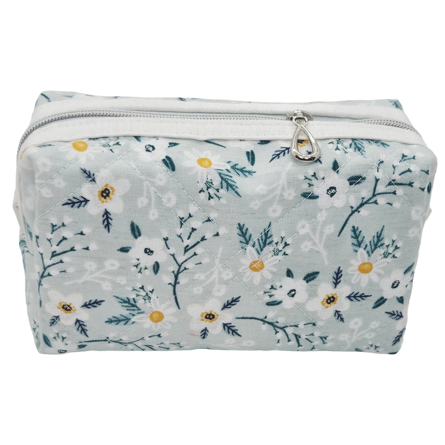 Light Teal Calico Floral Accented Quilted Pattern Mini Zipper Box Pouch