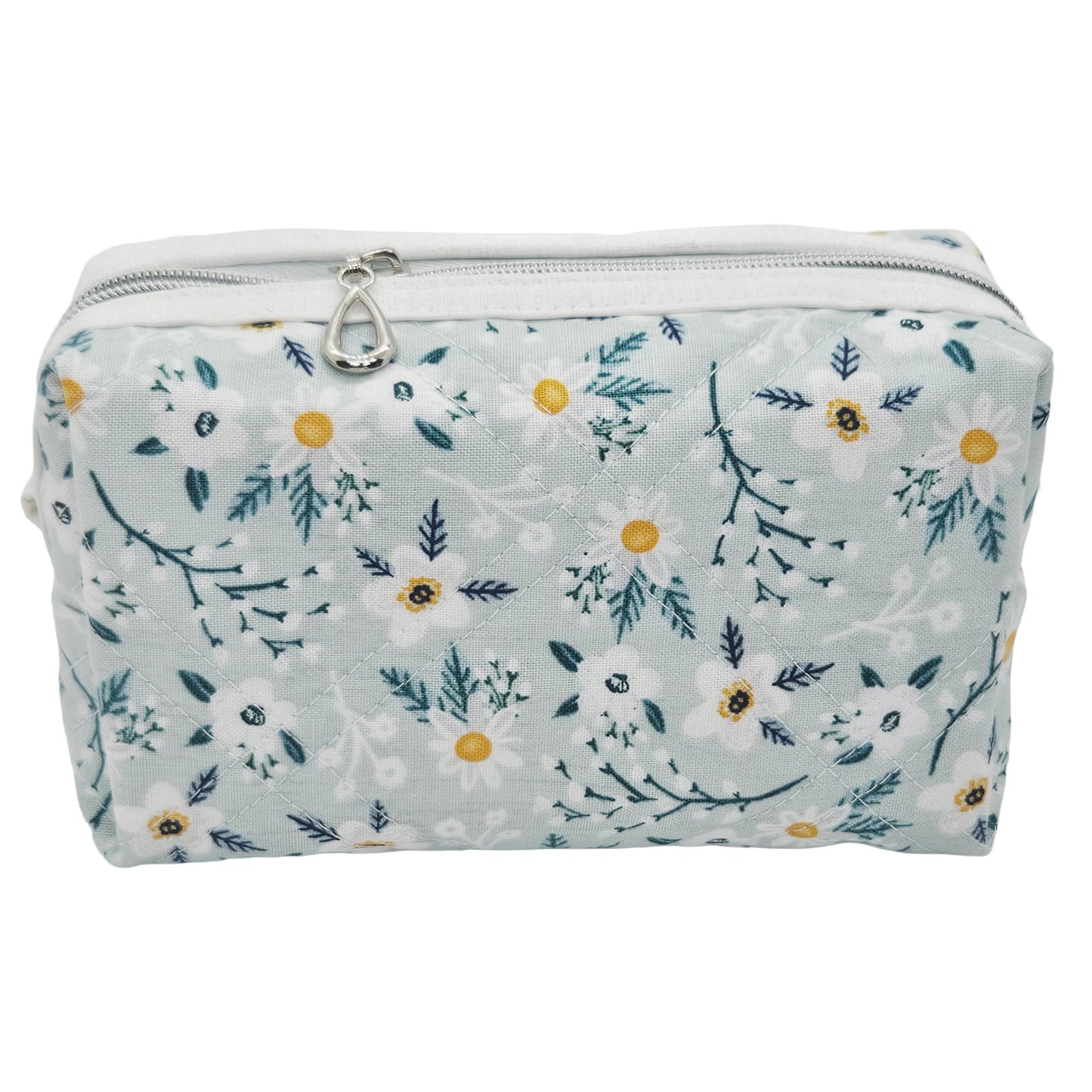 Light Teal Calico Floral Accented Quilted Pattern Mini Zipper Box Pouch