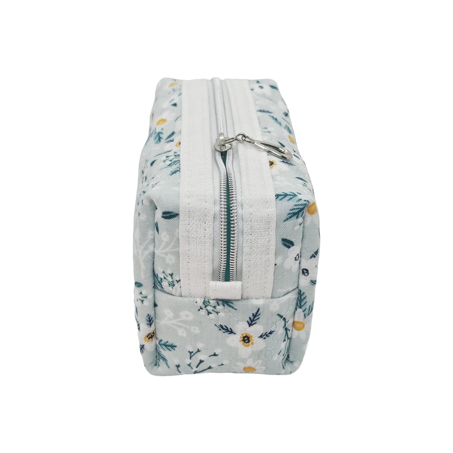 Light Teal Calico Floral Accented Quilted Pattern Mini Zipper Box Pouch