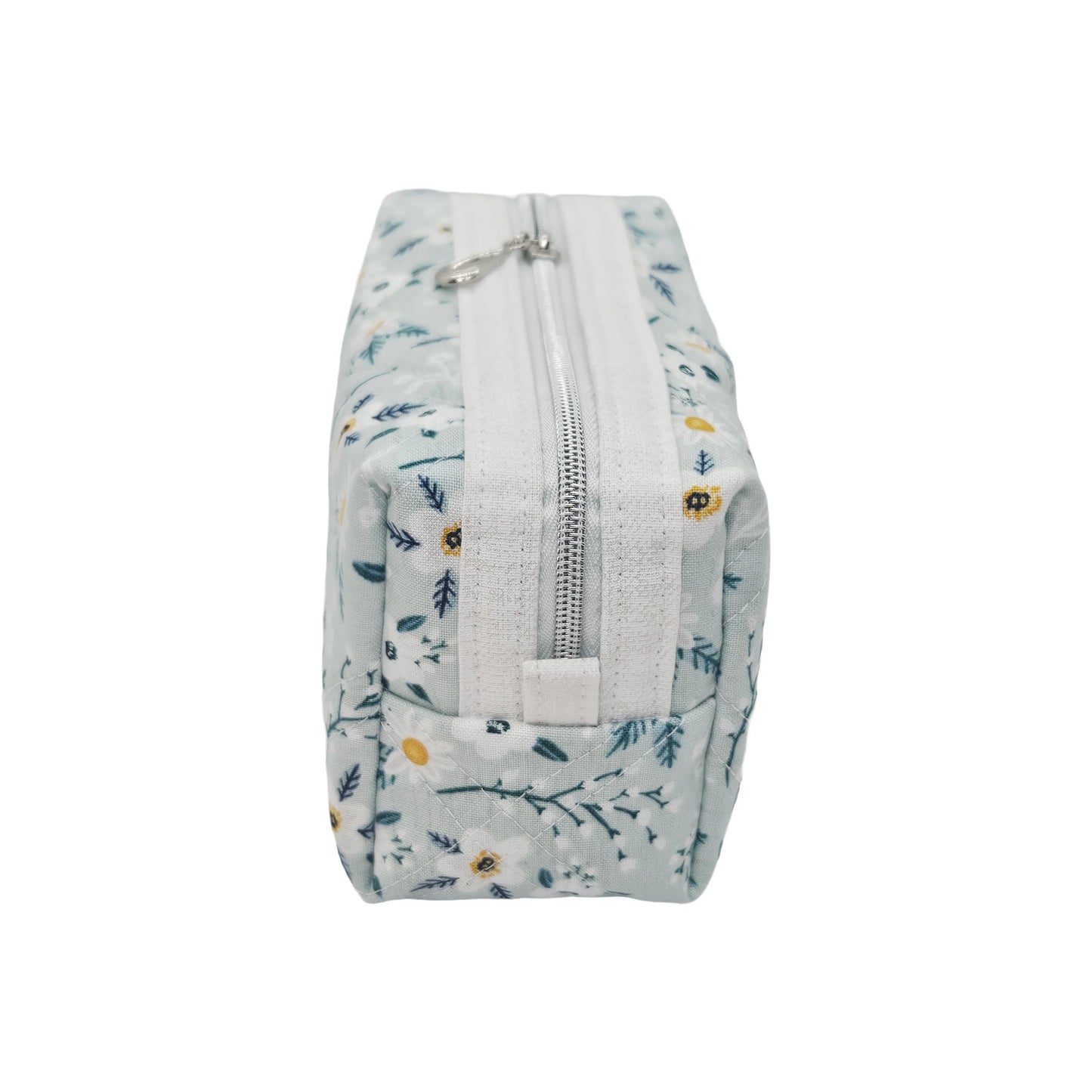 Light Teal Calico Floral Accented Quilted Pattern Mini Zipper Box Pouch