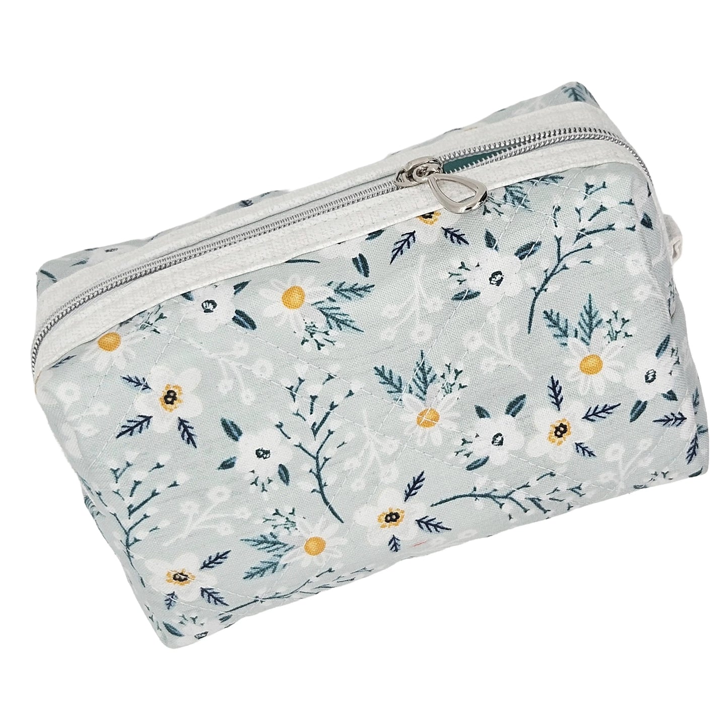 Light Teal Calico Floral Accented Quilted Pattern Mini Zipper Box Pouch